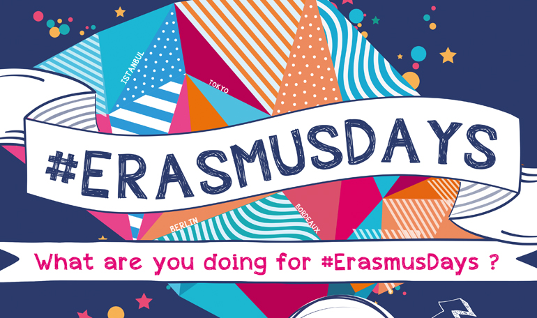 Poster för erasmusday. Färglada illustrationer tillsammans med text: #Erasmusdays - What are you doing for #erasmusdays?