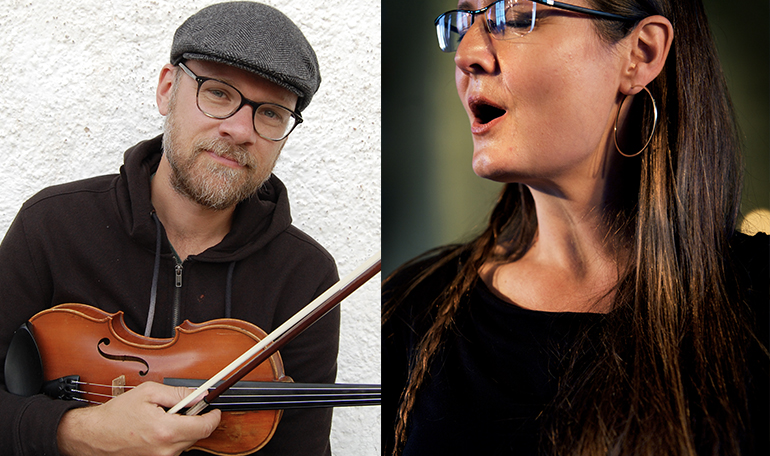 Kollage av Olof Misgeld och Susanne Rosenberg. Olof håller i en fiol och Susanne sjunger.