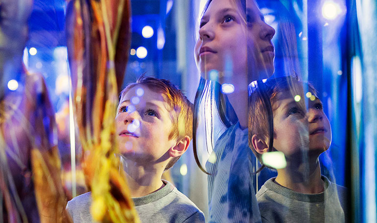 Vinjettbild från Tekniska museet, med två barn i en visuellt specifik miljö med många reflektioner och färger.